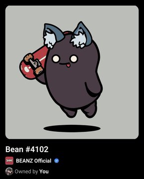 A digital NFT artwork titled 'Bean #4102' featuring a cute, round, black cartoon character with small horns holding a red object, labeled 'BEANZ OFFICIAL' and 'Owned by You'.