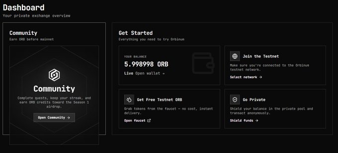 A dashboard interface for Orbismum private exchange showing 'Community' airdrop section, 'Get Started' panel with 5.998998 ORB balance, and options to 'Join the Testnet', 'Get Free Testnet ORB', and 'Go Private'.