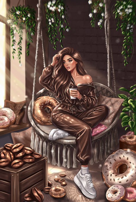 A digital illustration of a stylish woman in a brown satin outfit sitting on a hanging swing chair, holding a coffee cup, surrounded by coffee beans, donuts, and pastries in a cozy cafe setting.