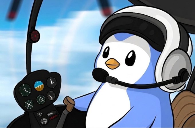 A cartoon illustration of a blue penguin character wearing a pilot's headset and headset, sitting in front of a helicopter cockpit's instrument panel with a blue sky in the background.