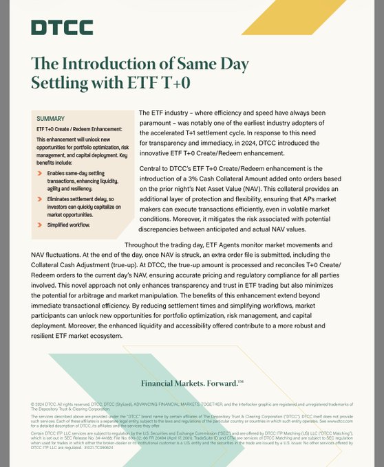 The image is a DTCC informational document titled "The Introduction of Same Day Settling with ETF T+0," summarizing DTCC's 2024 enhancement via a 3% Cash Collateral Amount added to orders based on prior night's NAV to enable same-day ETF transactions, improve liquidity, and reduce settlement delays. The accompanying post connects this to XRP by suggesting the XRP Ledger could facilitate such same-day settlement, proposing a $10,000 price target.