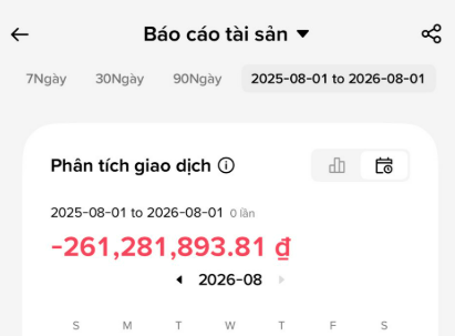 A Vietnamese financial report app screen titled 'Báo cáo tài sản' showing a transaction analysis (Phân tích giao dịch) for 2025-08-01 to 2026-08-01 with a loss of -261,281,893.81 đ.