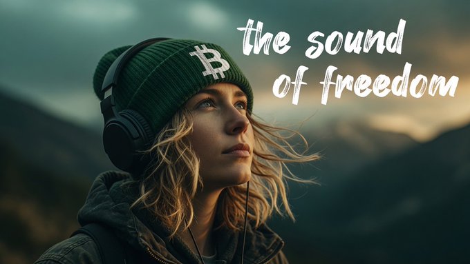 A cinematic shot of a blonde woman wearing a green Bitcoin beanie and headphones, gazing into the distance, with the handwritten text "the sound of freedom" overlaid.