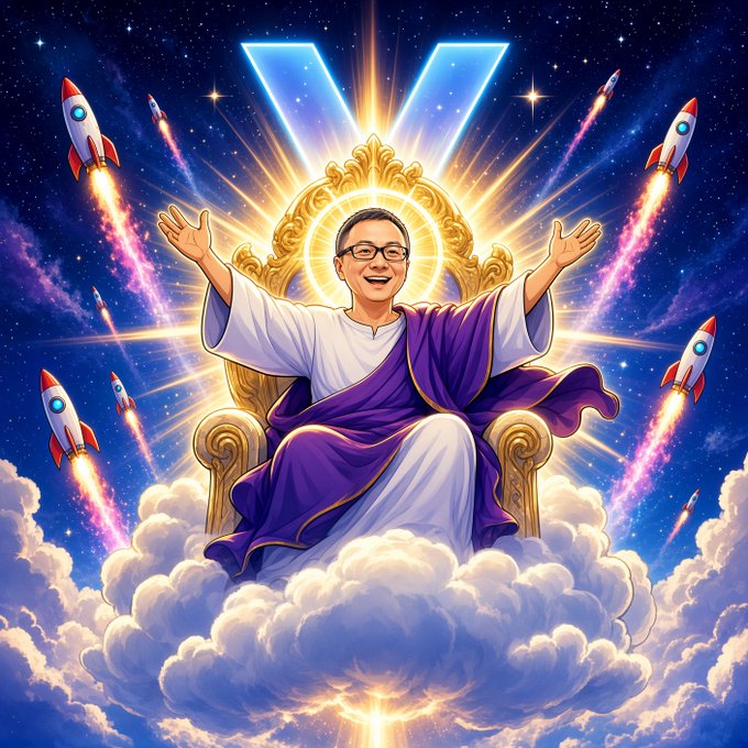 A digital illustration of an East Asian man with glasses depicted as a deity in purple robes, arms raised triumphantly on clouds surrounded by rockets and a cosmic background.