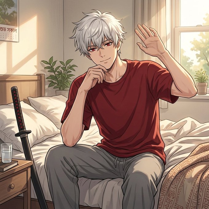 An anime-style illustration of a white-haired boy with red eyes in a red shirt sitting on a bed, waving, with a katana sword beside him.