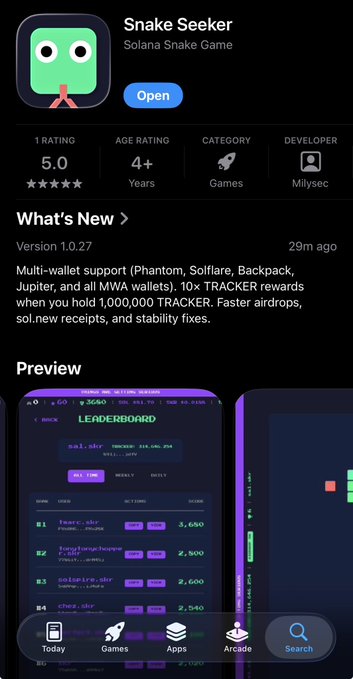 An App Store page for 'Snake Seeker', a Solana Snake Game by Milysec, with a 5.0 rating, age rating of 4+, and a leaderboard preview.