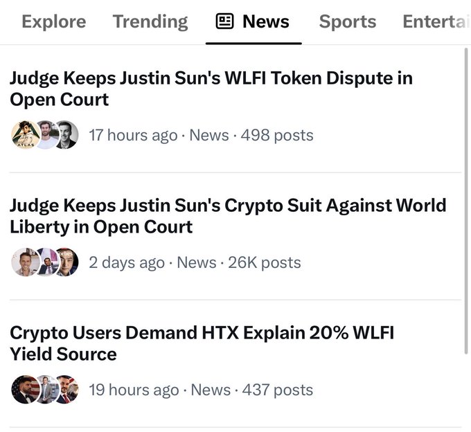 An X News feed shows several trending posts about Justin Sun and $WLFI, including “Judge Keeps Justin Sun’s WLFI Token Dispute in Open Court,” “Judge Keeps Justin Sun’s Crypto Suit Against World Liberty in Open Court,” and “Crypto Users Demand HTX Explain 20% WLFI Yield Source.” The headlines reflect growing scrutiny of HTX/HUOBI’s 20% APY offer and the subsequent WLFI transfer from HTX to Binance.