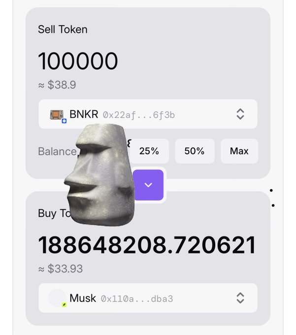 A cryptocurrency swap interface showing a Sell Token of 100000 BNKR (~$38.9) and Buy Token of 188648208.720621 Musk (~$33.93), with a moai statue meme image overlaid.