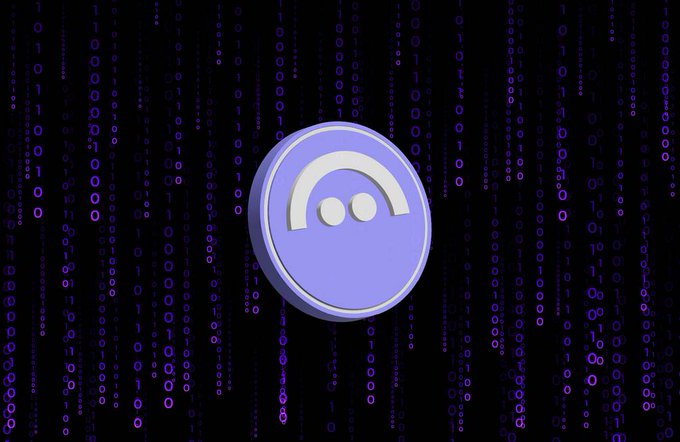 A 3D-rendered purple icon with curved white shapes against a backdrop of falling blue binary code on a black background.