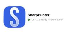The image shows the SharpPunter app icon with a blue background and stylized "S" logo, alongside text indicating "iOS 1.0.2 Ready for Distribution." The celebratory post aligns with the image by marking the successful submission of a major app update to the App Store after a long and difficult development process.