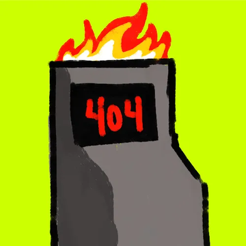 A simple digital drawing of a gray computer monitor displaying the red number '404', with flames on top, set against a bright green background.