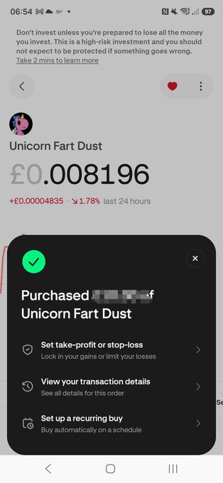 A mobile app screenshot showing the purchase confirmation of a memecoin called 'Unicorn Fart Dust' priced at £0.008196 (+1.78% last 24 hours), with a warning about high-risk investments and options to set take-profit or stop-loss.