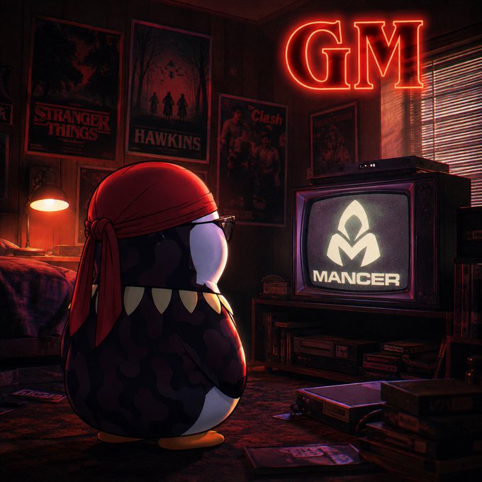 A digital illustration of a pirate-themed penguin mascot wearing a red bandana, sitting in a retro room with a neon 'GM' sign and a TV displaying the 'MANCER' logo.