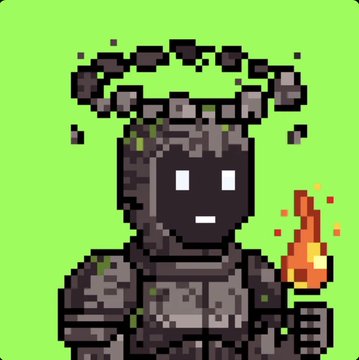 Pixel art of a dark stone golem-like figure with smoke rising from its head, holding a flame, set against a bright green background.