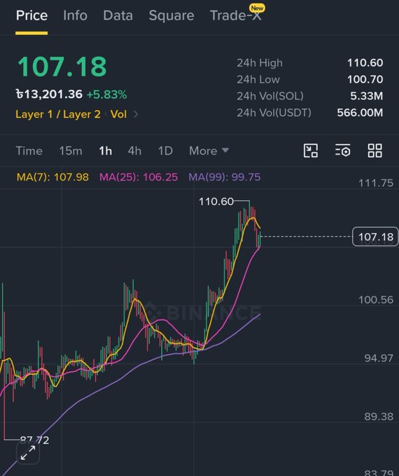 A Binance price chart showing a cryptocurrency priced at 107.18, up 5.83%, with 24h high of 110.60 and 24h low of 100.70.