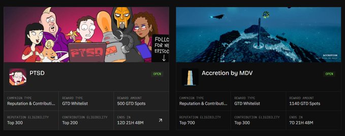 Two new Nucleus campaigns are now live: **PTSD**, a comedy series featuring cartoon characters with "PTSD" branding, offering 500 GTD spots, a top 300 reputation eligibility, and ending in 120d 21h 48m; and **Accretion by MDV**, showcasing dark blue 3D island artwork, offering 1140 GTD spots, a top 700 reputation eligibility, and ending in 7d 21h 48m—both with "OPEN" status displayed.