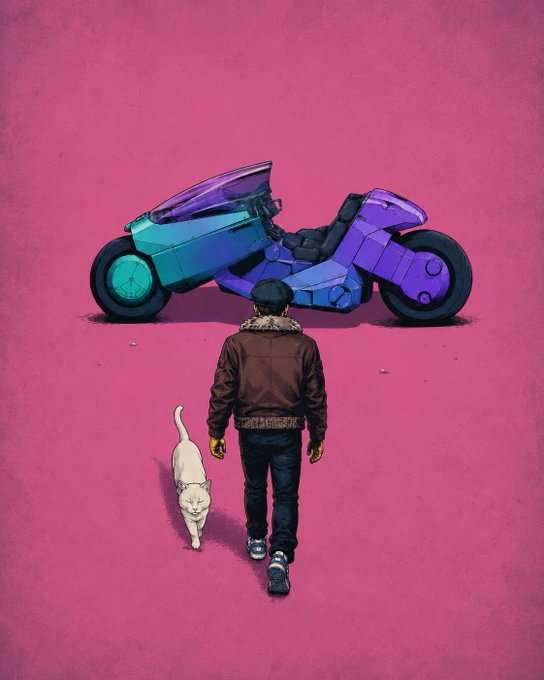 An illustration of a man with a white cat walking toward a futuristic purple and teal motorcycle on a solid pink background.