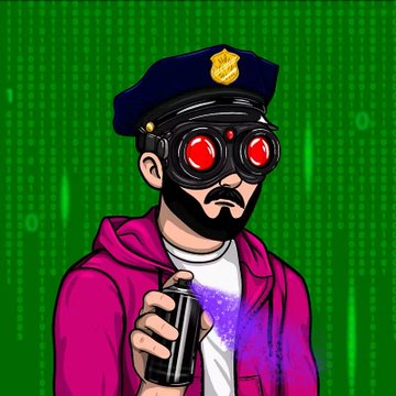 The image features a cartoon character wearing a police hat and goggles, holding a can of spray paint. The character appears to be standing against a green background with white text that reads "Sweeped this morning this Banger Vault Runner with Rank 88 for only 0.16 $SOL is a Gift for me".