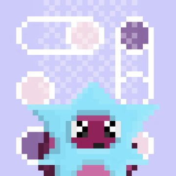 Pixel art depicting a blue, horned character with large eyes, surrounded by floating pink and purple pixelated shapes against a checkered purple background.