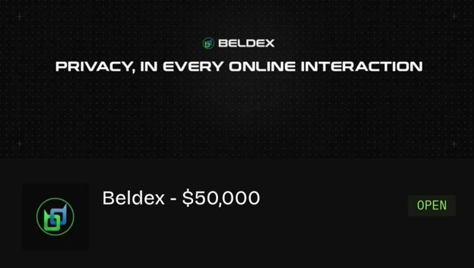 A dark promotional banner for Beldex displaying the tagline 'PRIVACY, IN EVERY ONLINE INTERACTION' above a notification for a $50,000 giveaway.