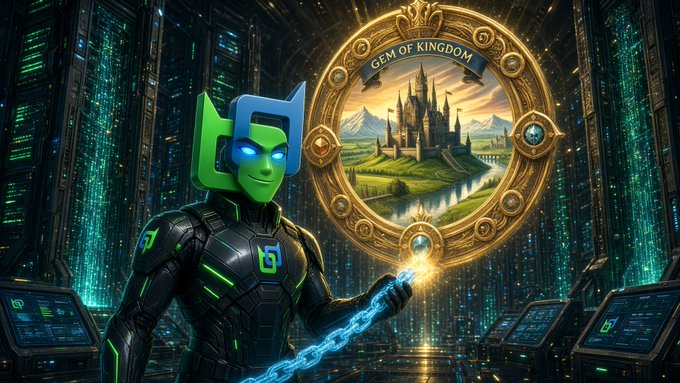 Digital artwork depicting a futuristic green and blue armored character holding a glowing blue chain, standing beside a golden portal labeled 'GEM OF KINGDOM' that reveals a fantasy castle.