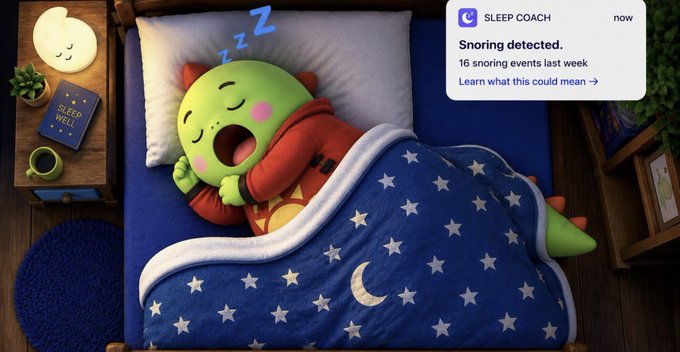 The image shows a 3D-rendered green creature with horns yawning loudly in bed under a blue star-patterned blanket, with cartoon "Z"s indicating snoring, while a smartphone notification in the corner displays a "SLEEP COACH" alert stating "Snoring detected. 16 snoring events last week. Learn what this could mean →" alongside a "Sleep Well" book on the nightstand. This illustration visually represents the post's message about how Sleepagotchi transforms raw wearable sleep data (the snoring events) into meaningful health insights and actionable context for the user.