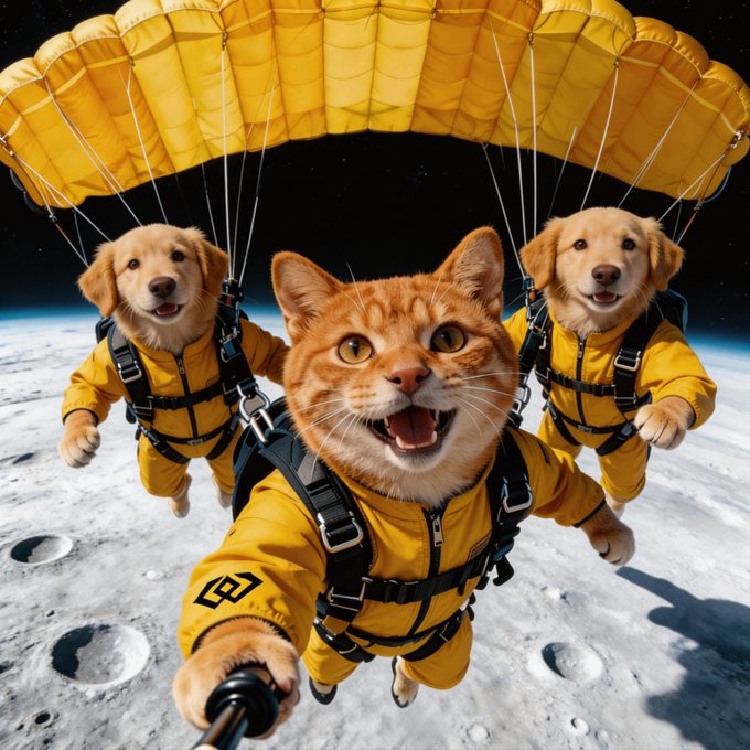 A cheerful orange tabby cat and two golden retriever puppies in yellow spacesuits take a selfie with a selfie stick while parachuting down to the moon's cratered surface, capturing the playful spirit of settling on the lunar landscape.