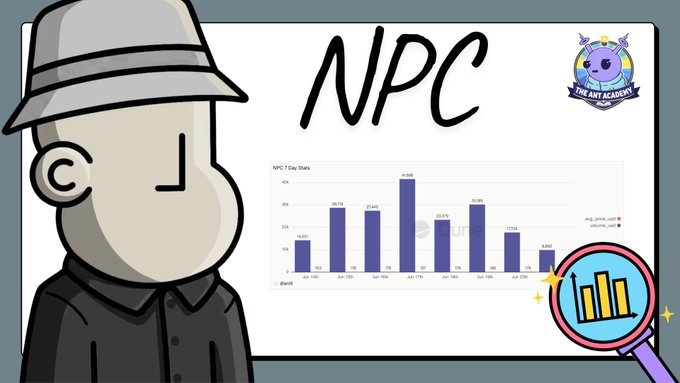 This image features a cartoon man dressed as a judge wearing a fedora hat, standing next to a large graph or chart that displays some kind of statistics related to NPC. The text "NPC ( @npconchain )" is written at the top corner, and a magnifying glass is positioned towards the bottom right side of the image. Overall, it seems to be an educational or fun presentation about the NPC's recent actions.
