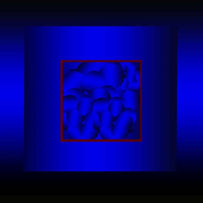An abstract digital art piece showing a cluster of rounded blue shapes framed in red against a deep blue gradient background.