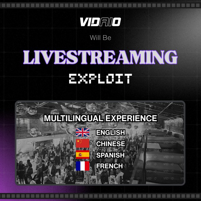 A promotional graphic for Vidaio's new livestreaming product announces that it will livestream the EXPLOIT event in a multilingual experience, with English, Chinese, Spanish, and French options, each indicated by their respective national flags, set against a backdrop of an event crowd and film strip borders.
