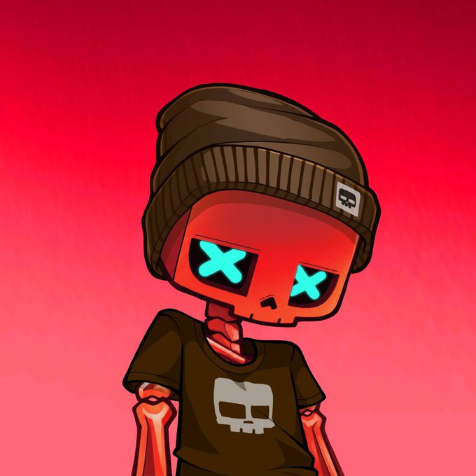 A stylized cartoon skeleton wearing a brown beanie with a skull patch and a black t-shirt with a white skull design stands against a red gradient background, featuring glowing cyan X marks for eyes.