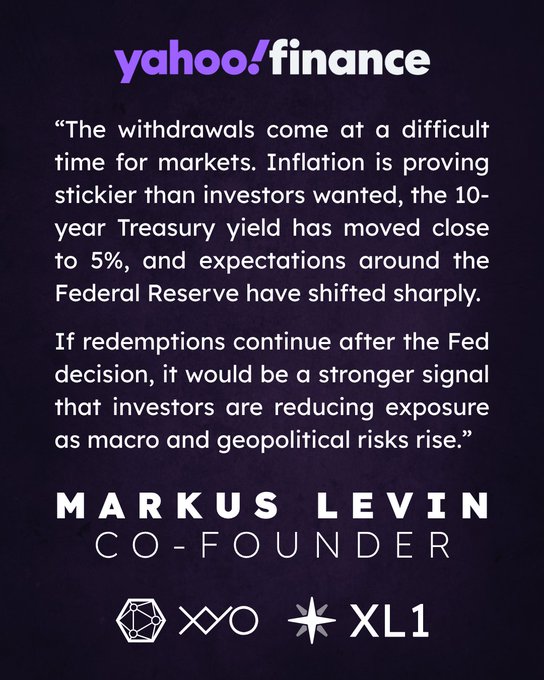 A Yahoo Finance quote card features commentary from Markus Levin, Co-Founder of XYO and XL1, warning that crypto withdrawals are occurring amid challenging market conditions, with sticky inflation, the 10-year Treasury yield approaching 5%, and shifting Federal Reserve expectations, while noting that continued redemptions post-Fed decision would signal investors reducing exposure as macro and geopolitical risks rise, complementing the post's call for investors to "do your own research" and learn from crypto experts like Levin via Yahoo Finance.