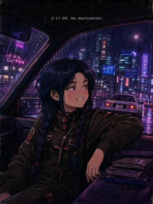 An anime-style illustration of a girl with dark braided hair sitting in a car at night in a neon-lit city, with the text '2:17 AM. No destination.' displayed at the top.
