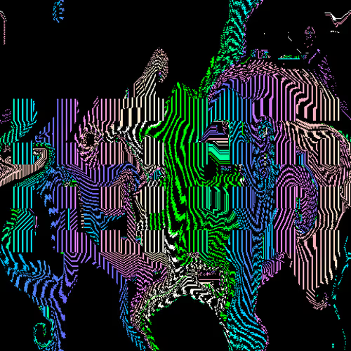 A psychedelic, glitchy digital artwork featuring colorful, striped, wavy patterns in green, purple, and blue against a black background, resembling a distorted face or circuitry.