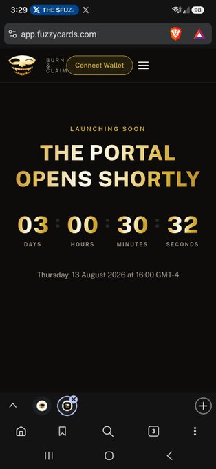 A mobile screenshot of the app.fuzzycards.com website displays a Jack-o'-lantern logo for 'Burn to Claim', a 'Connect Wallet' button, and a countdown timer reading '03 DAYS 00 HOURS 30 MINUTES 32 SECONDS' for an event titled 'THE PORTAL OPENS SHORTLY' scheduled for Thursday, 13 August 2026 at 16:00 GMT-4.