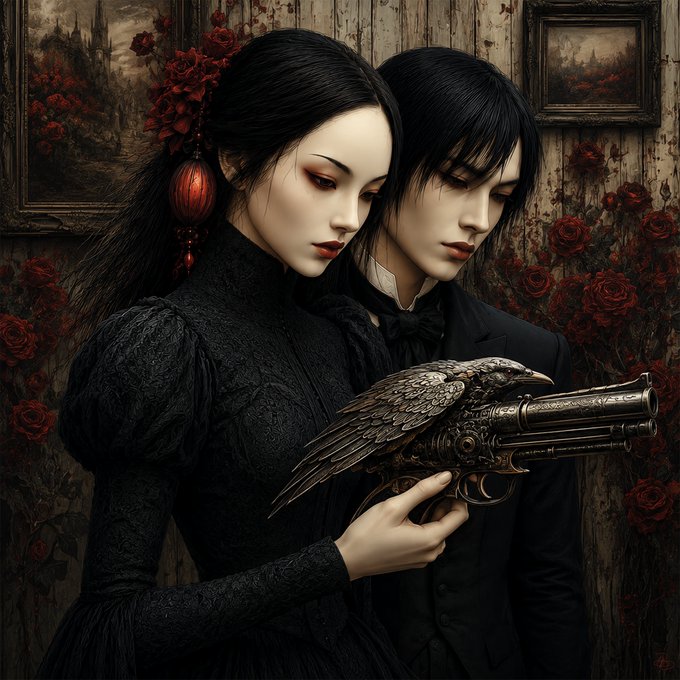 A gothic digital artwork depicting a pale woman in a black dress with red roses in her hair holding an ornate gun with raven wing details, standing next to a dark-haired man, surrounded by red roses and framed paintings.