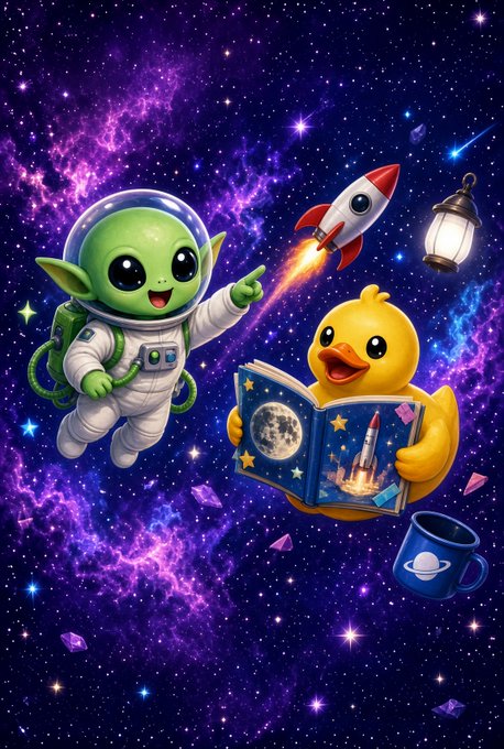 A whimsical space illustration features a green alien astronaut pointing alongside a yellow duck reading a book about rockets, floating through a purple cosmic background filled with stars, a rocket, and a lantern.