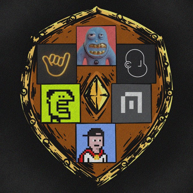 A shield-shaped emblem on black fabric featuring pixel art and symbols, including a blue figure with gold teeth, a pixelated character, and a golden diamond with an 'X'.