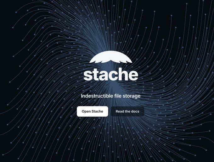 A logo screen for 'stache' with the tagline 'Indestructible file storage' and two buttons labeled 'Open Stache' and 'Read the docs', set against a dark blue background with radiating line patterns.