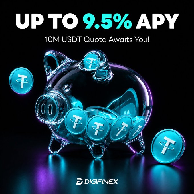 A promotional graphic from DigiFinex advertising 'UP TO 9.5% APY' and a '10M USDT Quota', featuring a glass piggy bank filled with USDT coins.