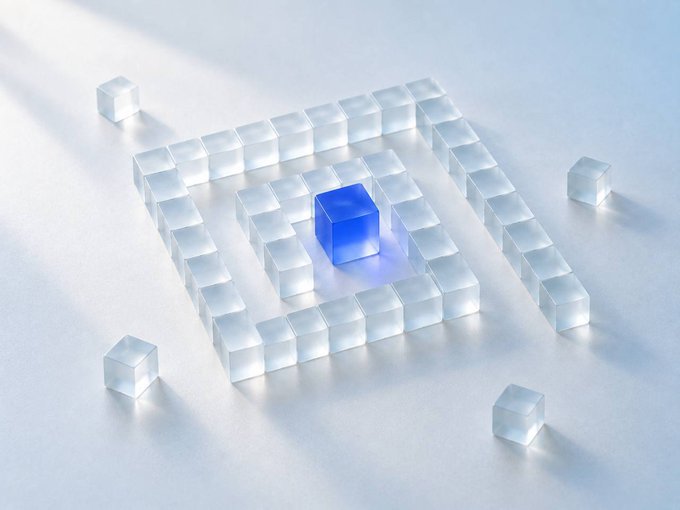 A 3D render featuring a glowing blue cube at the center of concentric square rings made of translucent white cubes on a light surface.