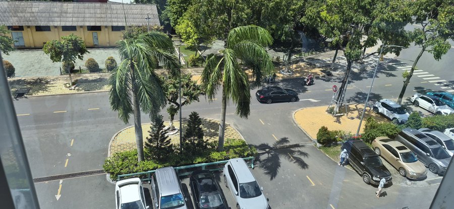 An aerial view from a window shows a street intersection lined with palm trees, parked cars, and a yellow building in a tropical city.