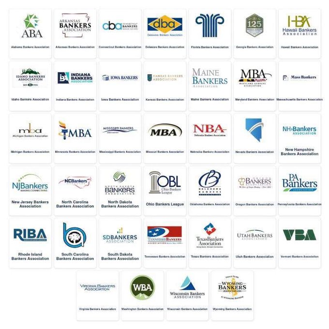 A grid displaying logos for 47 different U.S. state bankers associations, including the Alabama Bankers Association, Hawaii Bankers Association, and Wyoming Bankers Association, among others.