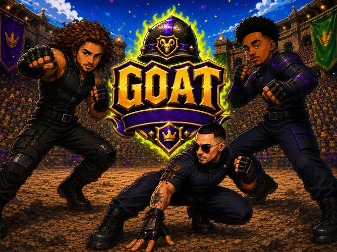 Stylized illustration of three fighters in combat poses in a stadium arena with a 'GOAT' shield emblem and crown graphic in the center.