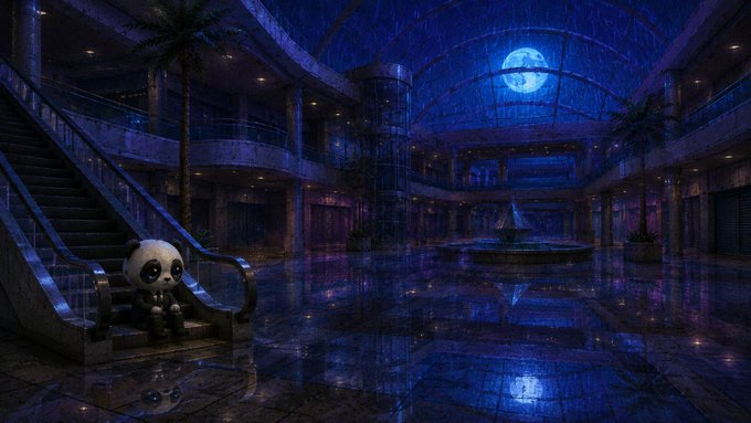 A small sad panda plush sits alone on the bottom step of a grand, empty moonlit shopping mall, mirroring the loneliness of a job hunt—vividly illustrating the post's message that your best move right now might be landing a new role, with non-tech crypto jobs featured from Walrus and Orderly Network.