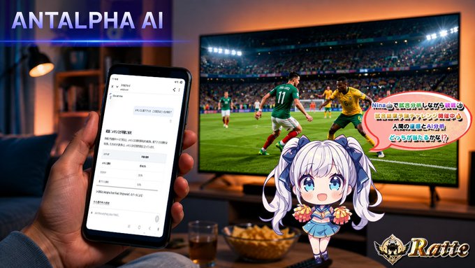 The image shows a person holding up their phone, which displays an anime app with a cartoon character standing next to a television screen showing soccer players. The text above the image reads "Antalpha AI", indicating that the content on the phone is related to the game or anime being played on the TV.