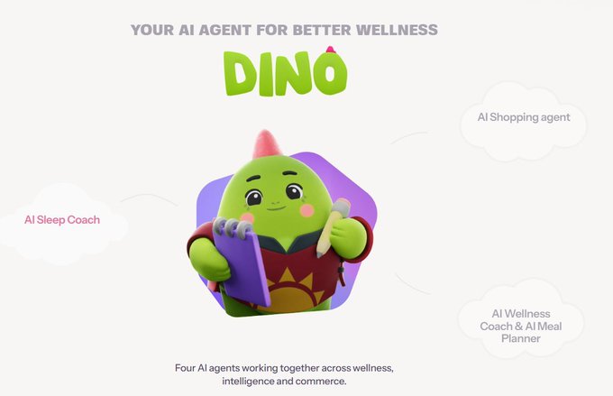 The image showcases "DINO," branded as "YOUR AI AGENT FOR BETTER WELLNESS," featuring a friendly green dinosaur mascot in front of a purple hexagon, surrounded by cloud-labeled features like "AI Sleep Coach" and "AI Shopping agent." This visually represents the post's concept of Dino being an integrated multi-agent AI system designed to coordinate across different wellness routines like sleep and shopping rather than relying on a single AI.