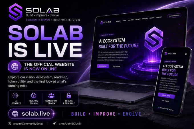 A promotional banner for 'SOLAB' announcing 'SOLAB IS LIVE' and 'THE OFFICIAL WEBSITE IS NOW ONLINE' (solab.live), displaying a laptop and smartphone mockup of their AI ecosystem interface.