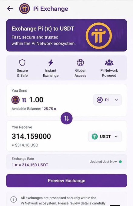 A screenshot of the "Pi Exchange" platform shows an exchange rate of 1 π = 314.159 USDT, with a transaction exchanging 1 Pi for approximately 314.16 USD. The image illustrates the post's warning about assigning arbitrary high prices (like 3.14 million USD) to Pi, contrasting it with a more moderate, calculated exchange rate shown on the platform.