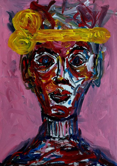 An expressionist painting depicts a face with intense eyes, red and blue tones, and a yellow crown-like shape on a pink background.